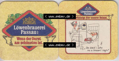 Bierdeckel Löwenbrauerei Passau, Das urwüchsige Bier unserer Heimat Da bleib i scho no a bisserl liegn (1) Sammlung