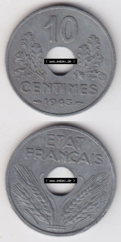 Münzen Frankreich Eurovorläufer, Umlaufmünze vor Euroeinführung 1941-1943, 10 Centimes, Etat Francais 1943. Vorderseite und... Sammlung