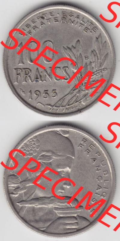 Münzen Frankreich Eurovorläufer, Umlaufmünze vor Euroeinführung 1954-1958; 100 Francs, Franken Typ I. 1955. Vorderseite und Rückseite Vertikal Untereinander,... Sammlung
