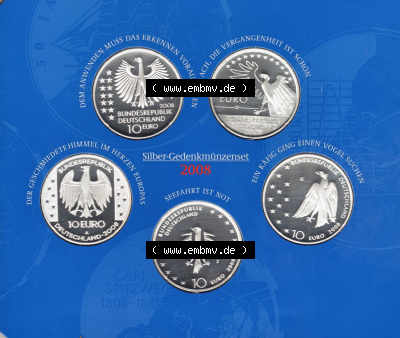 Münzen Euromünzen 2008, Deutschland 10 Euro Sondermünze 2008 (Stück 7), Gedenkmünzenset in Silber (3) Sammlung