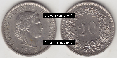 Münzen Schweiz Eurovorläufer, Umlaufmünze 1939-2018, 20 Rappen B 1970 (3) Sammlung