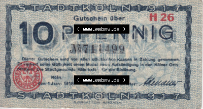 Notgeldscheine aus Köln 1918, H 26, 10 Pfennig (1) Sammlung