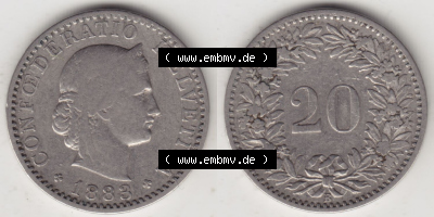 Münzen Schweiz Eurovorläufer, Umlaufmünze 1881-1938, 20 Rappen B 1883 (3) Sammlung