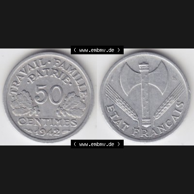 Münzen Frankreich Eurovorläufer, Umlaufmünze vor Euroeinführung 1942-1944, 50 Centimes, Cent 1942. Vorderseite und Rückseite Nebeneinander einer Münze... Sammlung