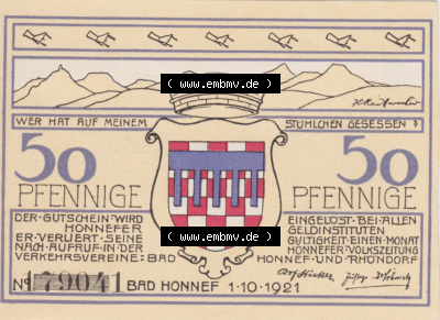 Notgeldscheine aus Bad Honnef 1921, 50 PFennig Konschaft Mühlheim (2) Sammlung
