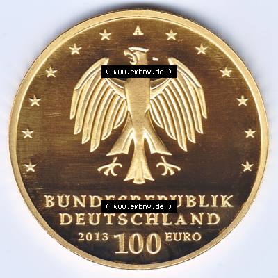 Münzen Deutschland 100 Euro Goldmünzen 2013. Rückseite einer Münze aus dem Deutschen Kaiserreich in Europa als Digitales Bild / Bildmaterial zum Herunterladen. Die... Sammlung