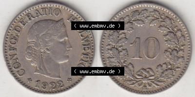 Münzen Schweiz Eurovorläufer, Umlaufmünze 1919-1931, 10 Rappen B 1922 (3) Sammlung