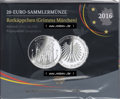 Münzen Deutschland 20 Euro-Sondermünzen Silbermünze in 925er Silber PP 2016 (Stück 1), Rotkäppchen Grimms Märchen (1) Sammlung