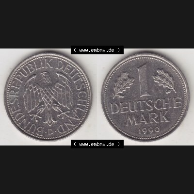 Münzen Deutschland 1950-2001, 1 Deutsche Mark 1990 D. Vorderseite und Rückseite der Münze aus Deutschland Sammlung