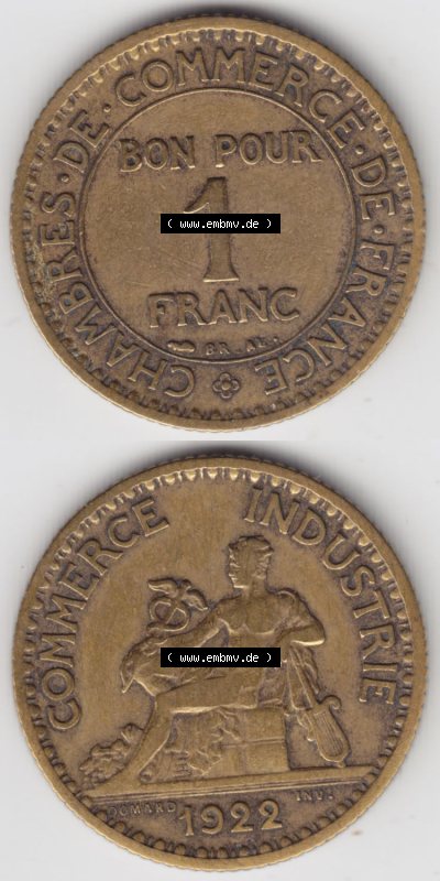 Münzen Frankreich Eurovorläufer, Umlaufmünze vor Euroeinführung 1920-1927, 1 Francs, Franken 1922. Vorderseite und Rückseite... Sammlung