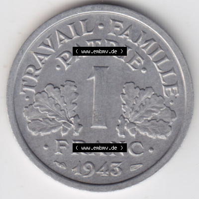 Münzen Frankreich Eurovorläufer, Umlaufmünze vor Euroeinführung 1942-1944, 1 Franc, Franken 1943. Vorderseite einer Münze... Sammlung