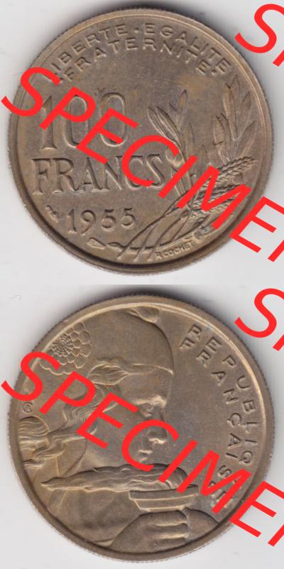 Münzen Frankreich Eurovorläufer, Umlaufmünze vor Euroeinführung 1954-1958, 100 Francs, Franken Typ II 1955. Vorderseite und Rückseite Vertikal Untereinander,... Sammlung
