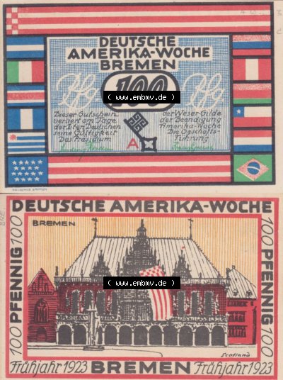 Notgeldscheine aus Bremen 1923, 100 Pfennig A (3) Sammlung