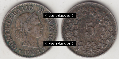 Münzen Schweiz Eurovorläufer, Umlaufmünze 1919-1931, 5 Rappen B 1921 (3) Sammlung