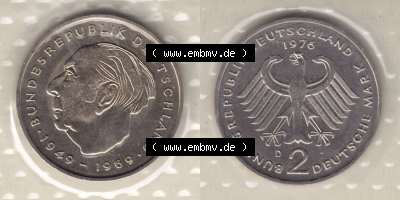 Münzen Deutschland Münzsätze Deutsche Mark Stempelglanz 1976, 2 Mark Theodor Heuss (4) Sammlung