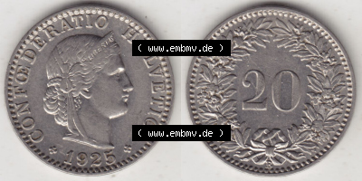 Münzen Schweiz Eurovorläufer, Umlaufmünze 1881-1938, 20 Rappen B 1925 (3) Sammlung