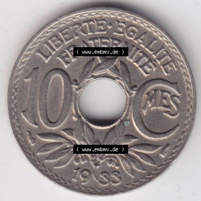 Münzen Frankreich Eurovorläufer, Umlaufmünze vor Euroeinführung 1917-1938, 10 Centimes, Cent 1933. Vorderseite einer Münze aus Europa als Digitales Bild... Sammlung
