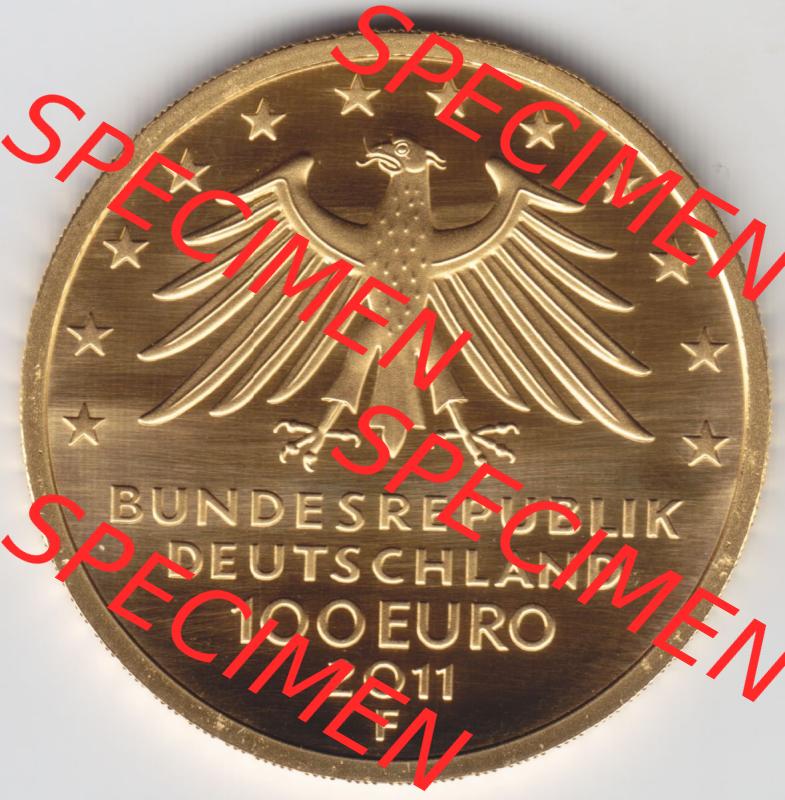 Münzen Deutschland 100 Euro Goldmünzen 2011. Rückseite einer Münze aus dem Deutschen Kaiserreich in Europa als Digitales Bild / Bildmaterial zum Herunterladen. Die... Sammlung