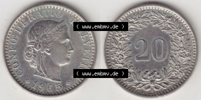 Münzen Schweiz Eurovorläufer, Umlaufmünze 1939-2018, 20 Rappen B 1965 (3) Sammlung