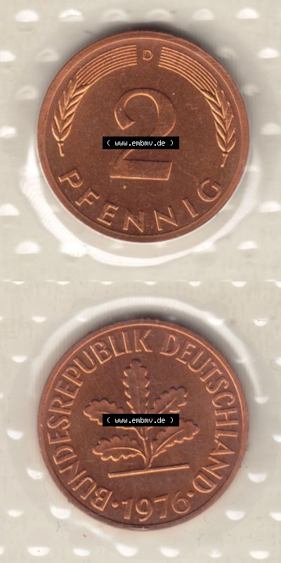 Münzen Deutschland Münzsätze Deutsche Mark Stempelglanz 1976, 2 Pfennig (6) Sammlung