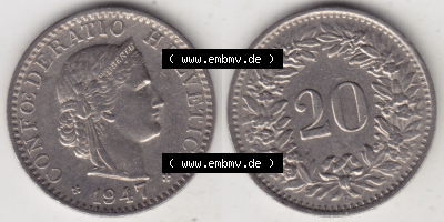 Münzen Schweiz Eurovorläufer, Umlaufmünze 1939-Heute, 20 Rappen B 1947 III. (3) Sammlung