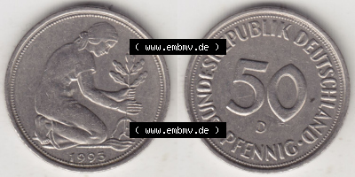 Münzen Deutschland 50 Pfennig der Deutschen Mark 1950-2001, 50 Pfennig 1993 D (4) Sammlung