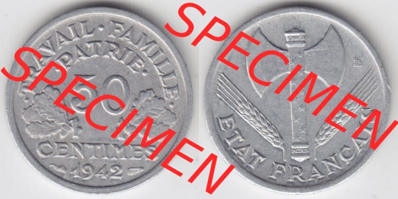 Münzen Frankreich Eurovorläufer, Umlaufmünze vor Euroeinführung 1942-1944, 50 Centimes, Cent 1942. Vorderseite und Rückseite Nebeneinander einer Münze... Sammlung