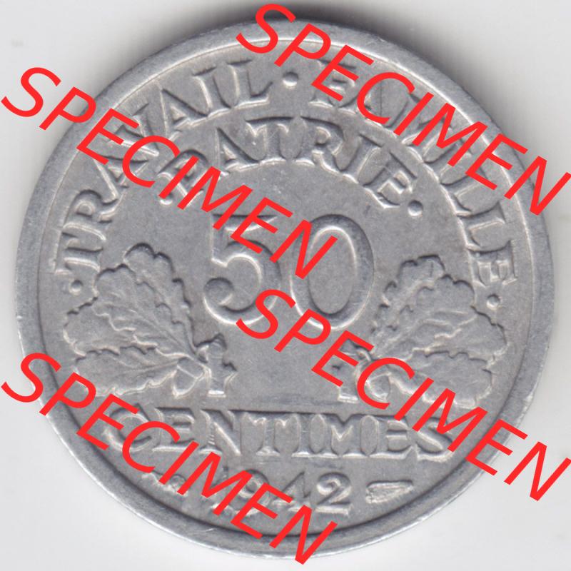 Münzen Frankreich Eurovorläufer, Umlaufmünze vor Euroeinführung 1942-1944, 50 Centimes, Cent 1942. Vorderseite einer Münze aus Europa als Digitales Bild... Sammlung