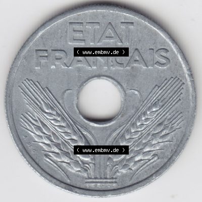 Münzen Frankreich Eurovorläufer, Umlaufmünze vor Euroeinführung 1941-1941, VINGT 20 Centimes, Cent. Rückseite einer Münze aus Europa als Digitales... Sammlung