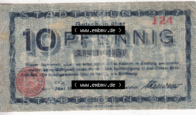 Notgeldscheine aus Köln 1918, J 24, 10 Pfennig (1) Sammlung