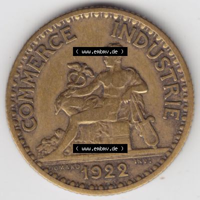 Münzen Frankreich Eurovorläufer, Umlaufmünze vor Euroeinführung 1920-1927, 1 Francs, Franken 1922. Rückseite einer Münze aus Europa als Digitales... Sammlung