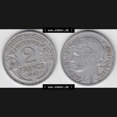 Münzen Frankreich Eurovorläufer, Umlaufmünze vor Euroeinführung 1941-1959, 2 Francs, Franken 1947. Vorderseite und Rückseite Nebeneinander einer Münze... Sammlung
