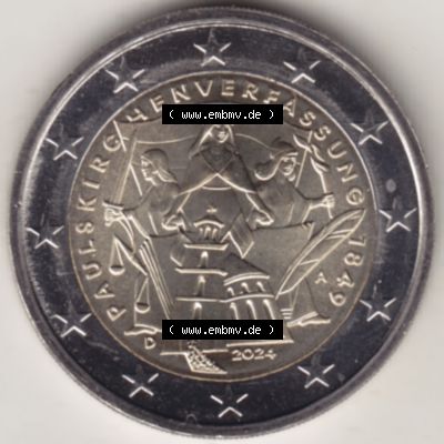 Münzen Euromünzen 2024, Deutschland 2 Euro Gedenkmünze 2024, A 175. Jubiläum Paulskirchenverfassung. 2 Euro Gedenkmünze, gültiges Zahlungsmittel... Sammlung
