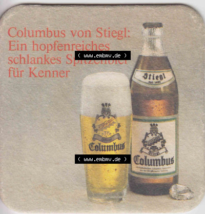 Bierdeckel Saluburger Stiegl-Bier, Columbus von Stiegl, Ein hopfenreiches schlankes Spitzenbier für Kenner (3) Sammlung