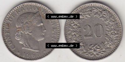 Münzen Schweiz Eurovorläufer, Umlaufmünze 1939-2018, 20 Rappen B 1963 II. (3) Sammlung