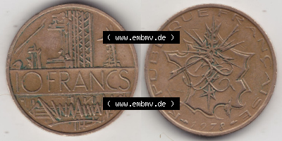 Münzen Frankreich Eurovorläufer, Umlaufmünze vor Euroeinführung 1974-1987, 10 Franken-Francs 1978 II.. Vorderseite und Rückseite... Sammlung
