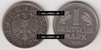 Münzen Deutschland 1950-2001, 1 Deutsche Mark 1990 F. Vorderseite und Rückseite der Münze aus Deutschland Sammlung