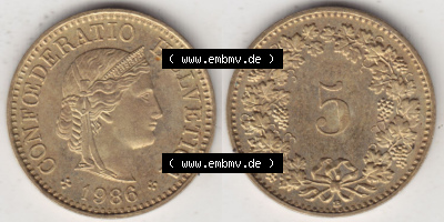 Münzen Schweiz Eurovorläufer, Umlaufmünze 1979-Heute, 5 Rappen B 1986 II. (3) Sammlung