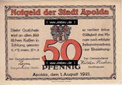 Notgeldscheine aus Apolda 1921, Stadtansichten 50 Pfennig D (1) Sammlung