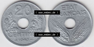 Münzen Frankreich Eurovorläufer, Umlaufmünze vor Euroeinführung 1941-1944, 20 Centimes, Cent 1943. Vorderseite und Rückseite... Sammlung