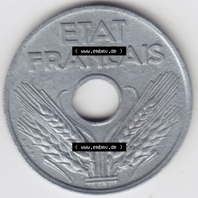 Münzen Frankreich Eurovorläufer, Umlaufmünze vor Euroeinführung 1941-1944, 20 Centimes, Cent 1943. Rückseite einer Münze aus Europa als Digitales... Sammlung