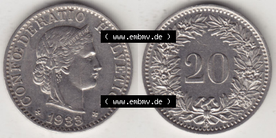 Münzen Schweiz Eurovorläufer, Umlaufmünze 1881-1938, 20 Rappen B 1933 I. (3) Sammlung