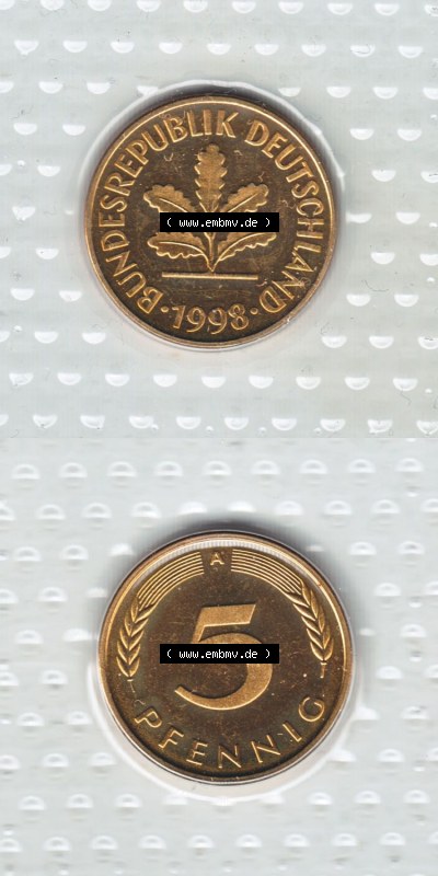 Münzen Deutschland Münzsätze Deutsche Mark Stempelglanz 1998, 5 Pfennig (4) Sammlung