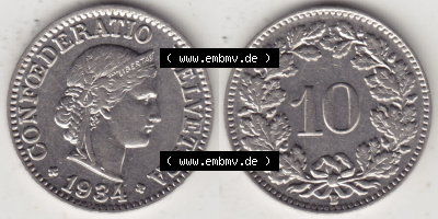 Münzen Schweiz Eurovorläufer, Umlaufmünze 1932-1939, 10 Rappen B 1934 II. (3) Sammlung