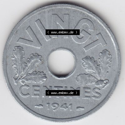 Münzen Frankreich Eurovorläufer, Umlaufmünze vor Euroeinführung 1941-1941, VINGT 20 Centimes, Cent. Vorderseite einer Münze aus Europa als Digitales Bild... Sammlung