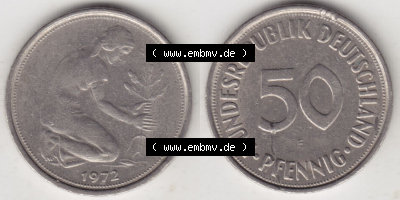 Münzen Deutschland 50 Pfennig der Deutschen Mark 1950-2001, 50 Pfennig 1972 F (4) Sammlung