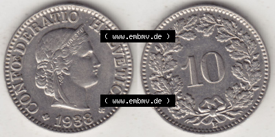 Münzen Schweiz Eurovorläufer, Umlaufmünze 1932-1939, 10 Rappen B 1938 I. (3) Sammlung