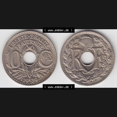 Münzen Frankreich Eurovorläufer, Umlaufmünze vor Euroeinführung 1938-1939, 10 Centimes, Cent 1939. Vorderseite und Rückseite Nebeneinander einer Münze... Sammlung