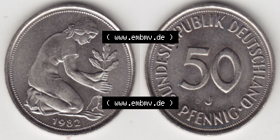 Münzen Deutschland 50 Pfennig der Deutschen Mark 1950-2001, 50 Pfennig 1982 J (4) Sammlung
