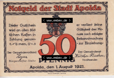 Notgeldscheine aus Apolda 1921, Stadtansichten 50 Pfennig E (1) Sammlung